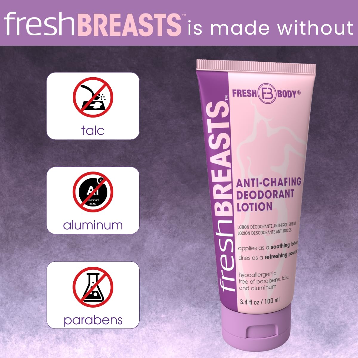 Fresh Breasts Anti Chafe Cream Lotion To Powder, 3.4Oz - Chafing Deodorant For Women, Inner Thighs & Areas That Sweat, No Talc, Aluminum Or Added Fragrance