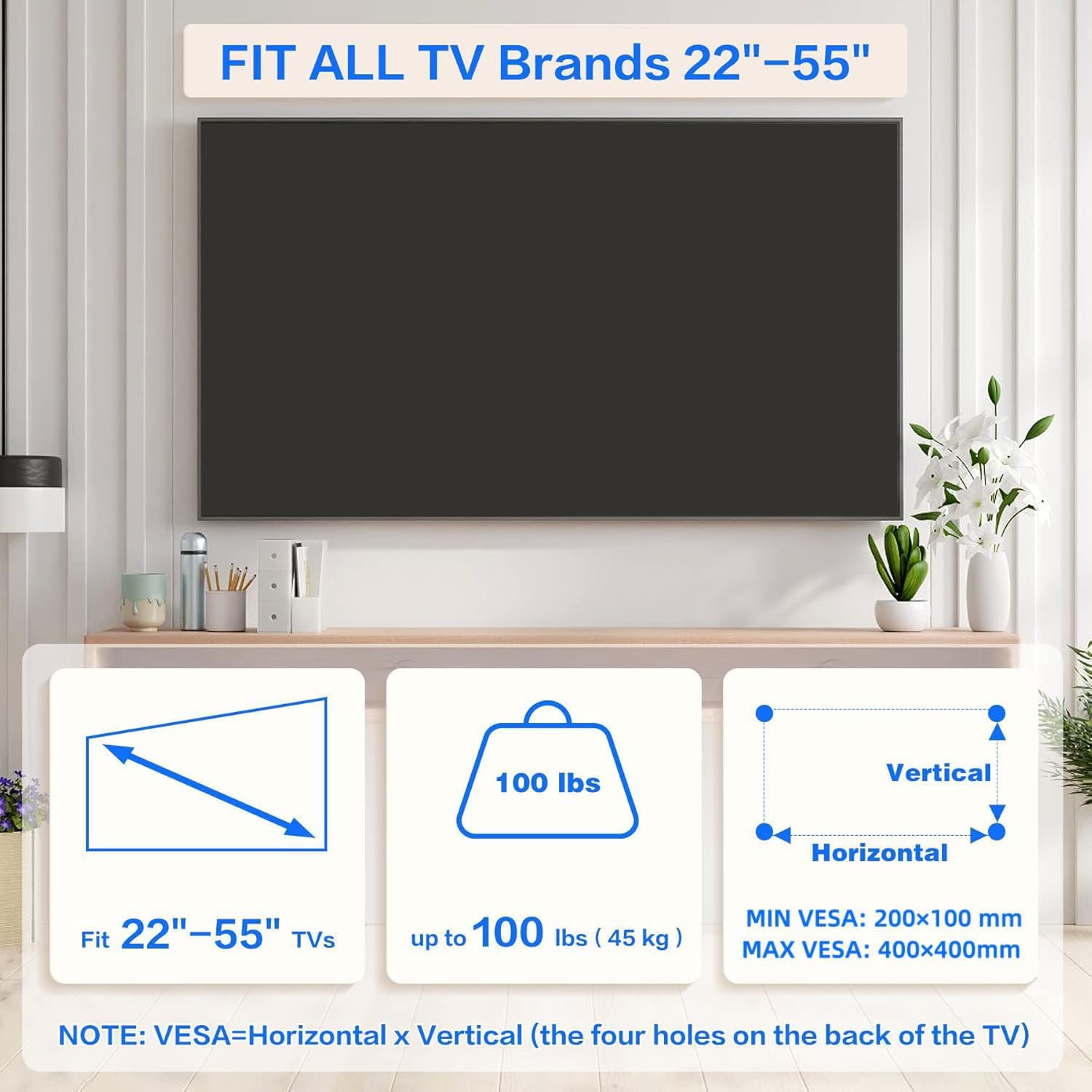 No Drill Drywall Tv Mount, No Stud Tv Wall Mount For Most Brand 22-55 Inch Tvs Up To 100 Lbs, Easy Install No Stud Studless Tvs Wall Mount, Include All Hardware- Level Bubble Meter