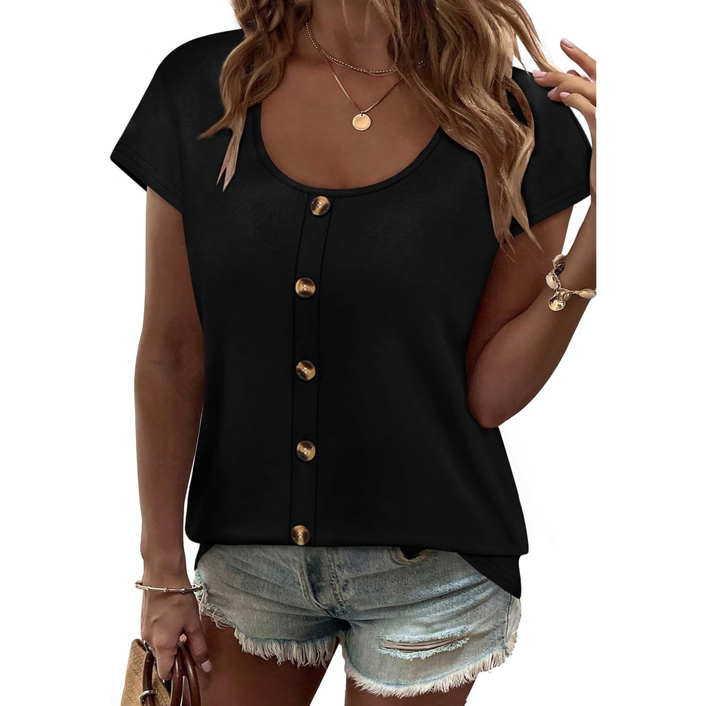 Womens Summer Tops Cap Short Sleeve Shirts Button Down Blouses U Neck T Shirts Fashion Clothing