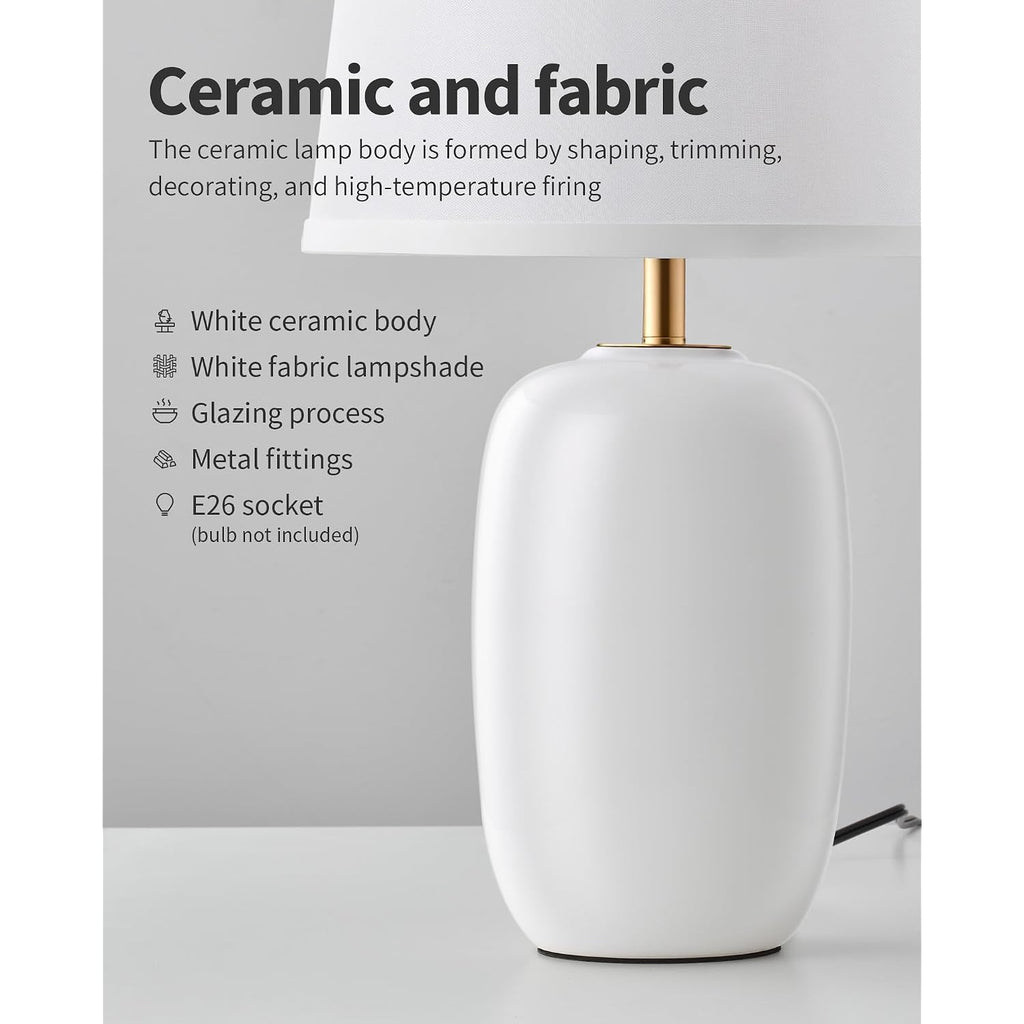 22 Inch White Ceramic Table Lamps Set Of 2, Fabric Lampshade Living Room Office Desk Lamp, E26 Socket Rotary Switch Lighting For Bedroom, Nightstand, Reading, Office, Study, Corner, Home Decor