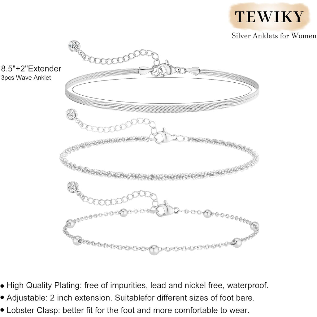 Tewiky Sterling Silver Plated Ankle Bracelets for Women,Dainty Layered Waterproof Anklet for Women Adjustable Sparkly Herringbone Beaded Rope Chain Set Stackable Cute Summer Beach Jewelry Gift