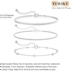 Tewiky Sterling Silver Plated Ankle Bracelets for Women,Dainty Layered Waterproof Anklet for Women Adjustable Sparkly Herringbone Beaded Rope Chain Set Stackable Cute Summer Beach Jewelry Gift