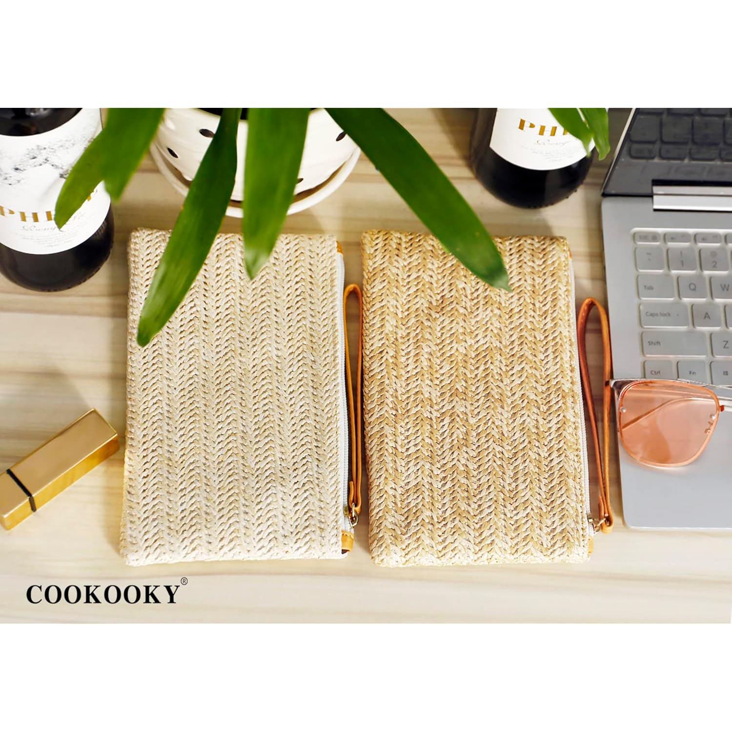 COOKOOKY Womens Straw Clutch Bag Bohemian Summer Beach Straw Purse Zipper Wristlet Wallets for Women