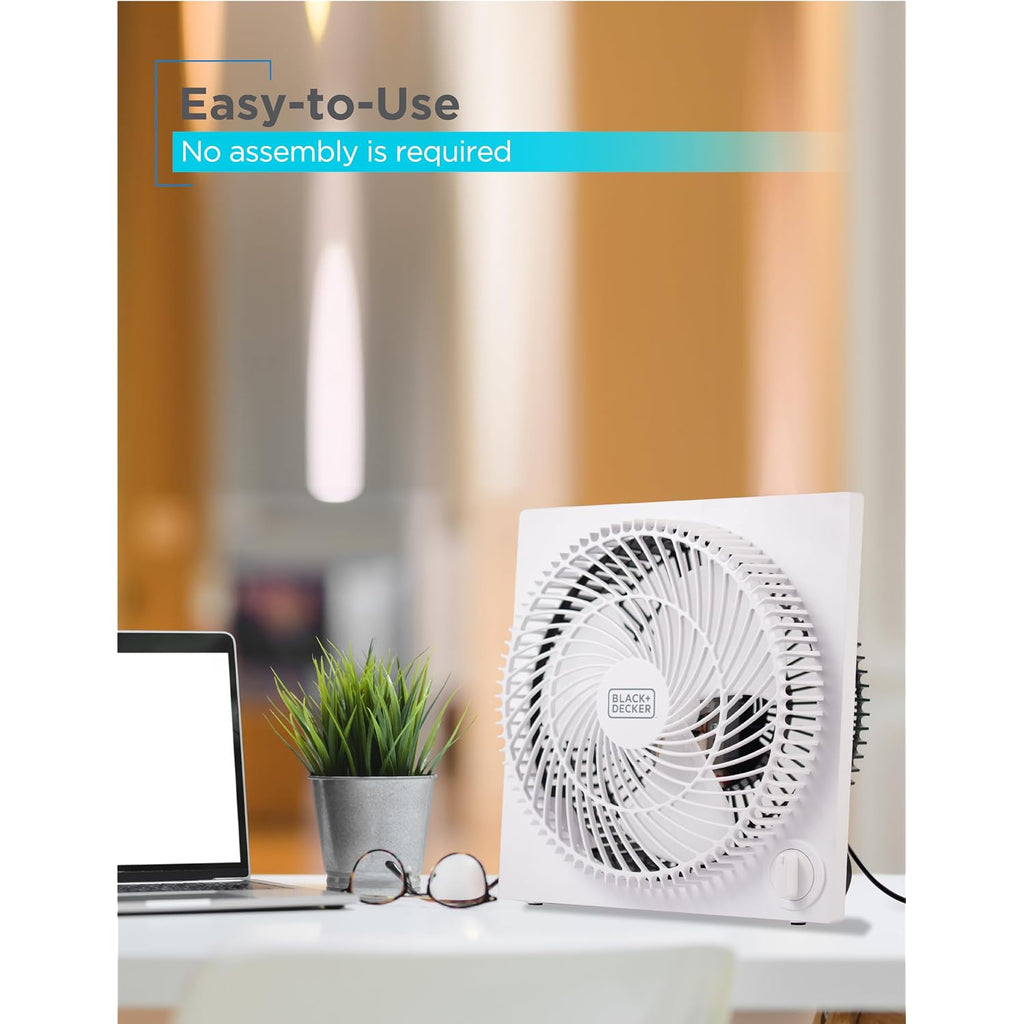 Black+Decker 9-Inch Frameless Box Fan, 3-Speed Settings, Bfb09W, White | Desk Fan With 3-Speed Settings, Quiet And Lightweight Portable For Home Office Or Garage, Self-Standing Frameless Design