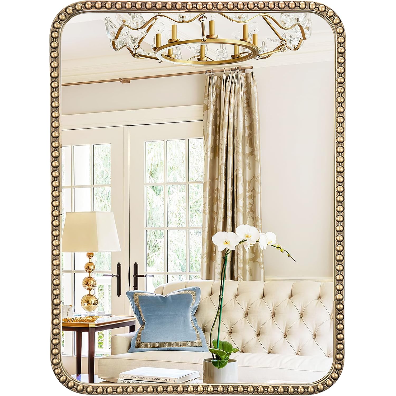 24"X36" Champagne Bronze Mirrors For Bathroom, Brass Vintage Bathroom Wall Mirror With Beaded Frame, Gold Beaded Mirror For Vanity Ornate Bedroom