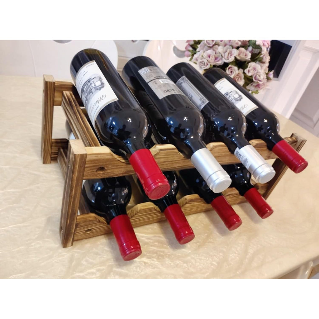 8-Bottle Wood Wine Rack - 2-Tier Countertop Wine Bottle Holder For Kitchen, Bar, Pantry, Dining Room | Small Freestanding Stackable Liquor Storage Organizer, Carbonized Pine