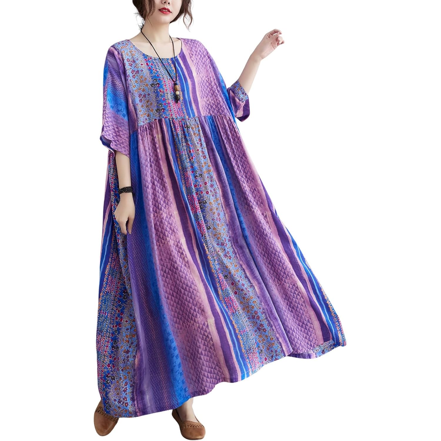 Women Summer Dress With Pockets Plus Size Boho Floral Print Round Neck Loose Casual Flowy Dress
