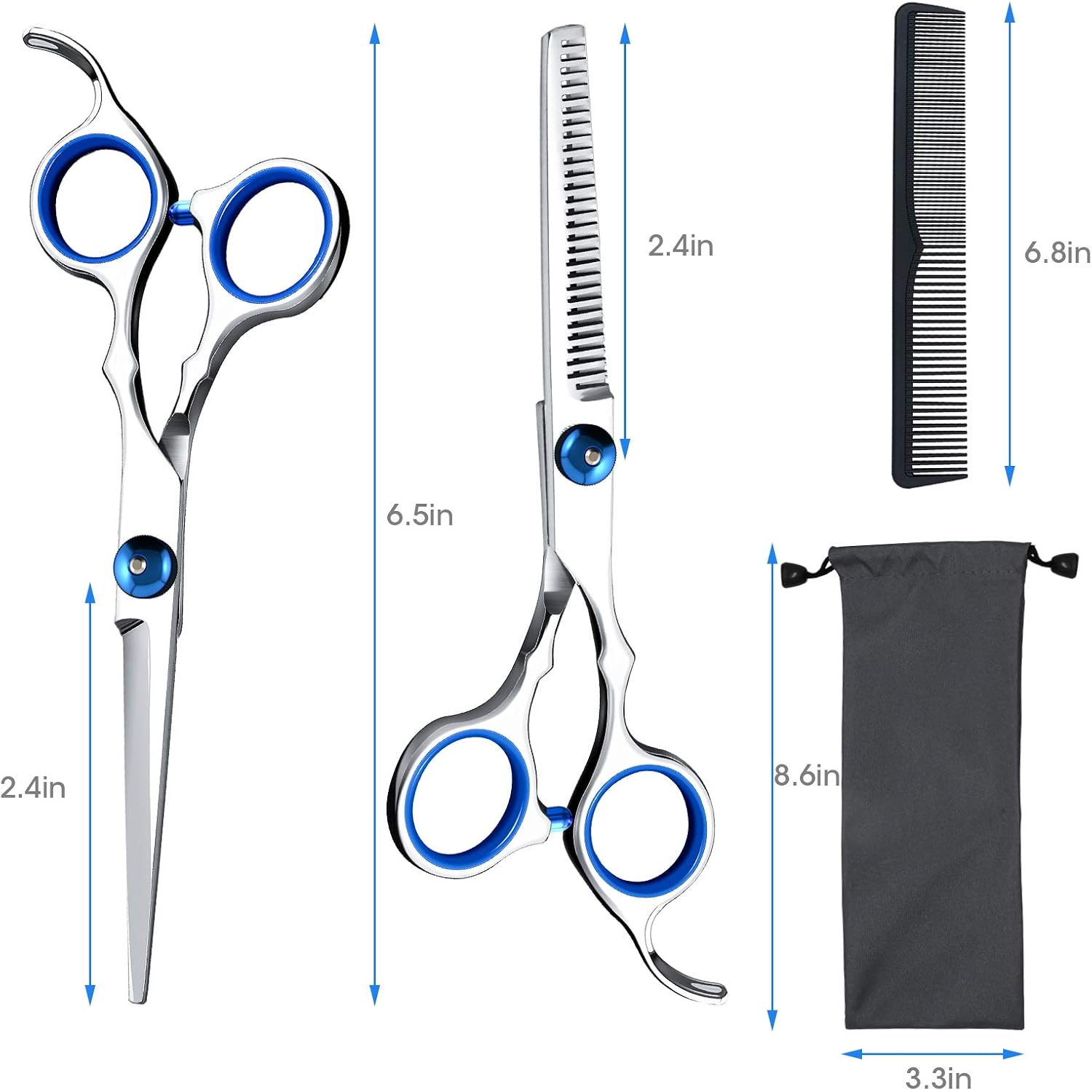 Hair Cutting Scissors Shears Set, Ekuci Professional Home Haircutting Scissors Thinning Shears Kit With Free Comb And Storage Bag For Men Women Home Salon Barber Cut Kit (Silver)