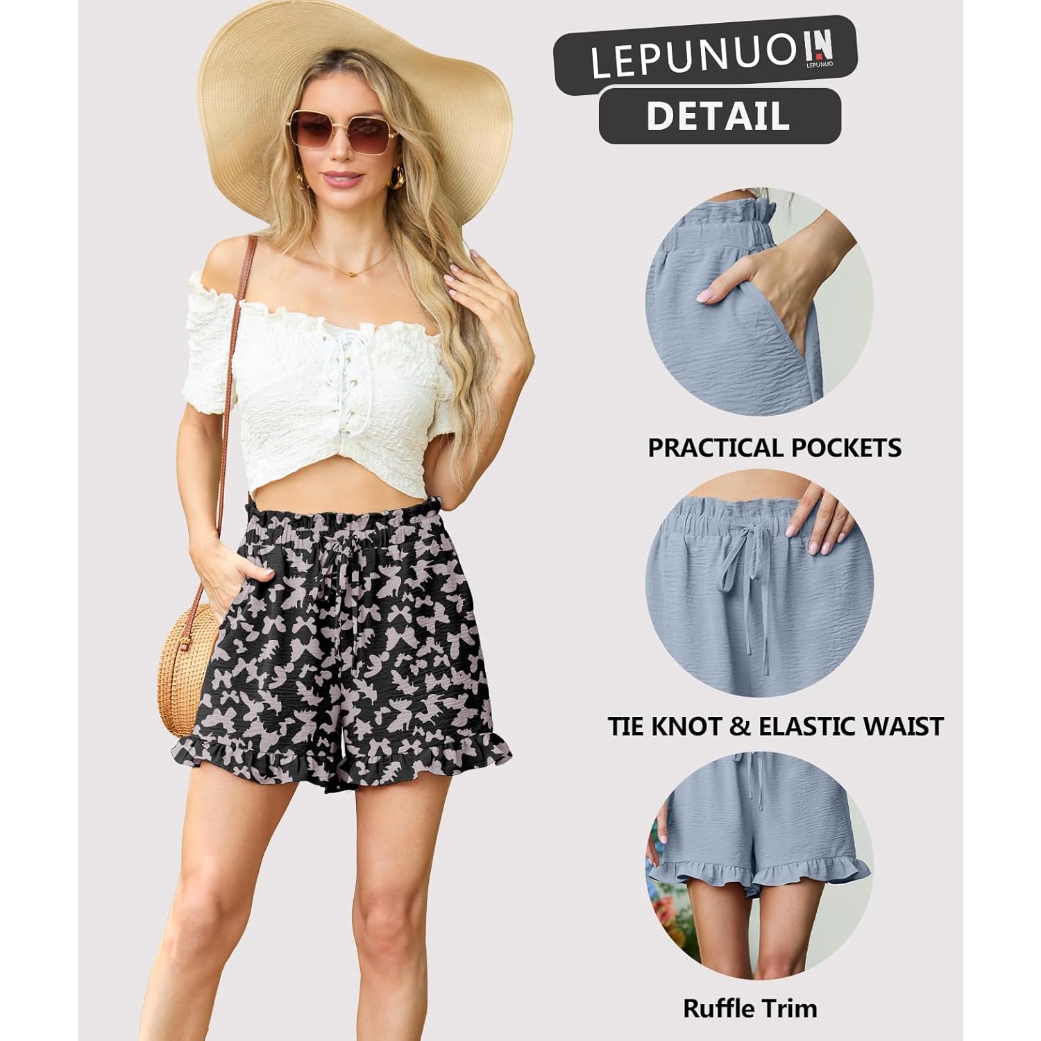 Shorts for Women High Waisted Ruffle Hem Summer Lounge Shorts with Pockets Elastic Drawstring Casual