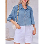 Tankaneo Womens Crop Denim Shirt Half Sleeve Button Down Short Jean Jacket With Pocket