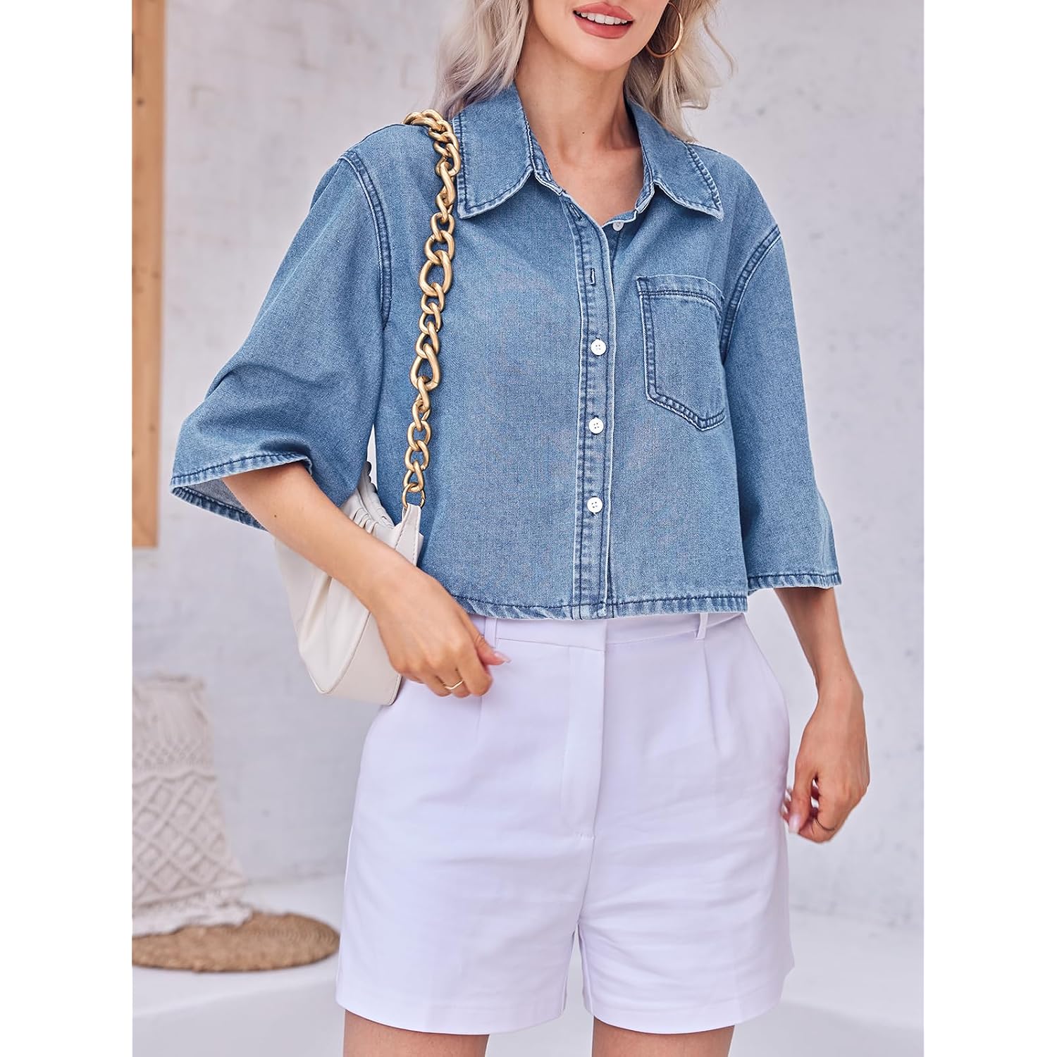 Tankaneo Womens Crop Denim Shirt Half Sleeve Button Down Short Jean Jacket With Pocket