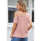 Dokotoo Womens Summer Tops Off One Shoulder Waffle Knit Short Sleeve T-Shirts Casual Lightweight Solid Color Blouses