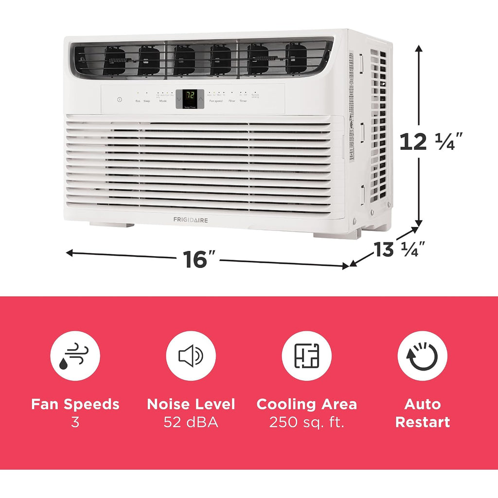 Frigidaire 6,000 Btu Window Air Conditioner With Remote Control, Cools Up To 250 Sq. Ft., Quiet Operation, Eco Mode, 3 Fan Speeds, Auto Restart, White