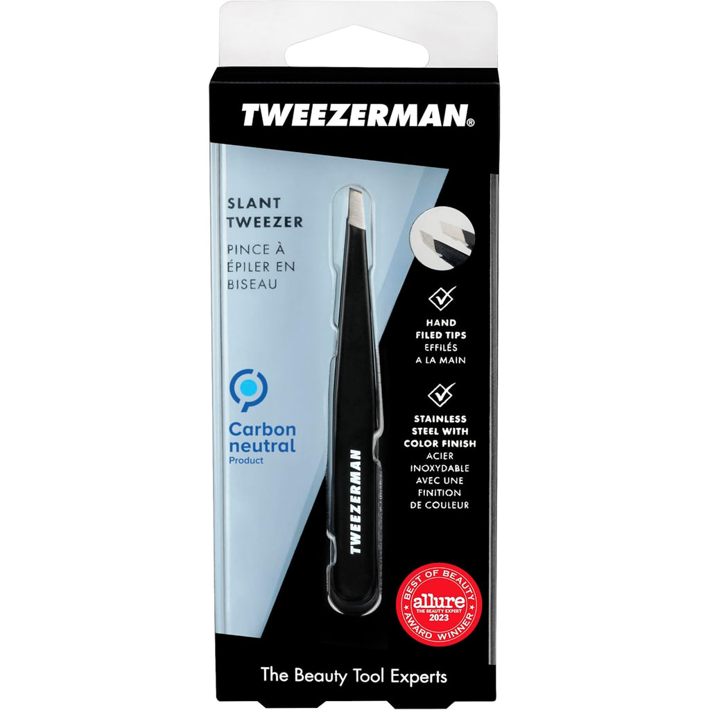 Tweezerman Black Stainless Steel Slant Tweezer - Eyebrow Tweezers for Women and Men
