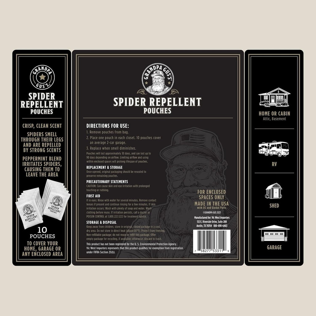 Grandpa Gus'S Natural Spider Repellent Pouches, Indoor Deterrent, 10 Pack | Peppermint & Lemongrass Oil Indoor Spider Deterrent, Wolf Spider Repellent, For Closet, Basement, Cabin, Shed, Garage