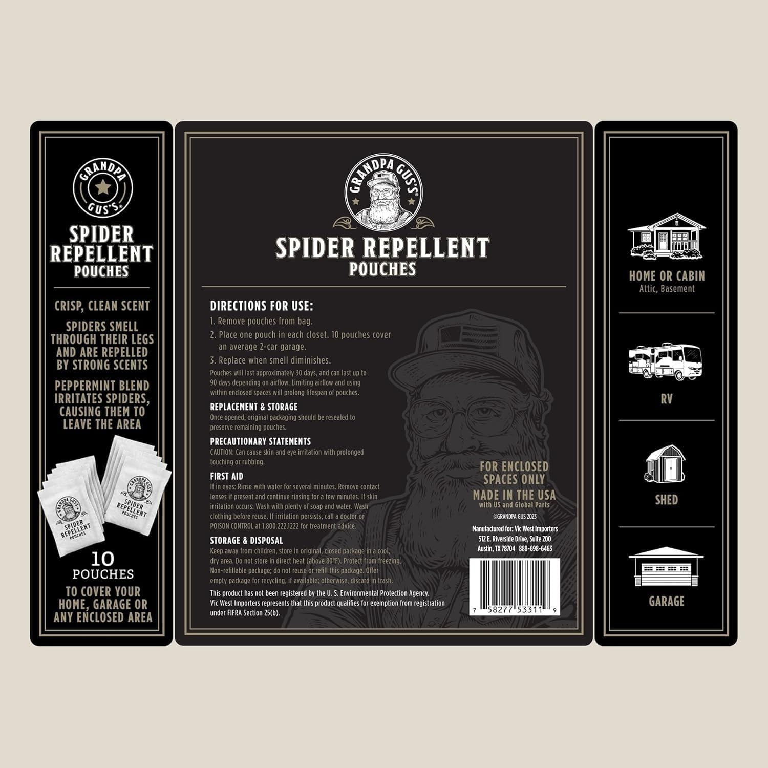 Grandpa Gus'S Natural Spider Repellent Pouches, Indoor Deterrent, 10 Pack | Peppermint & Lemongrass Oil Indoor Spider Deterrent, Wolf Spider Repellent, For Closet, Basement, Cabin, Shed, Garage