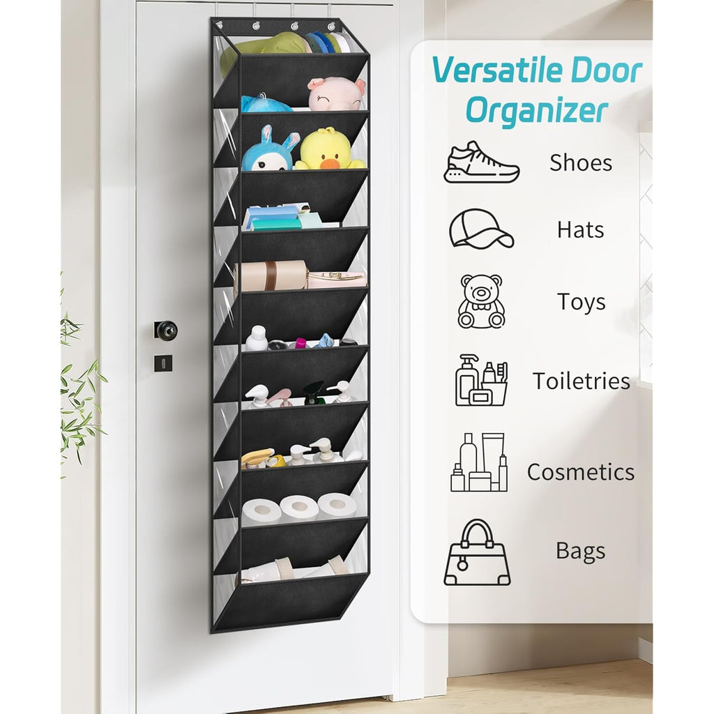 10 Tier Clear Over The Door Shoe Organizer Storage, Deep Pockets Large Hanging Shoe Rack For Closet Door, Fit 20 Pairs Shoe Holder Hanger For Sneakers, Boots (Black)