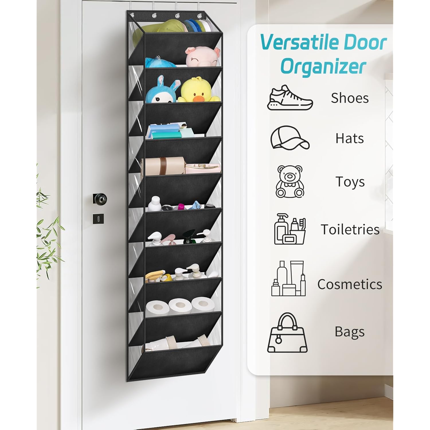 10 Tier Clear Over The Door Shoe Organizer Storage, Deep Pockets Large Hanging Shoe Rack For Closet Door, Fit 20 Pairs Shoe Holder Hanger For Sneakers, Boots (Black)
