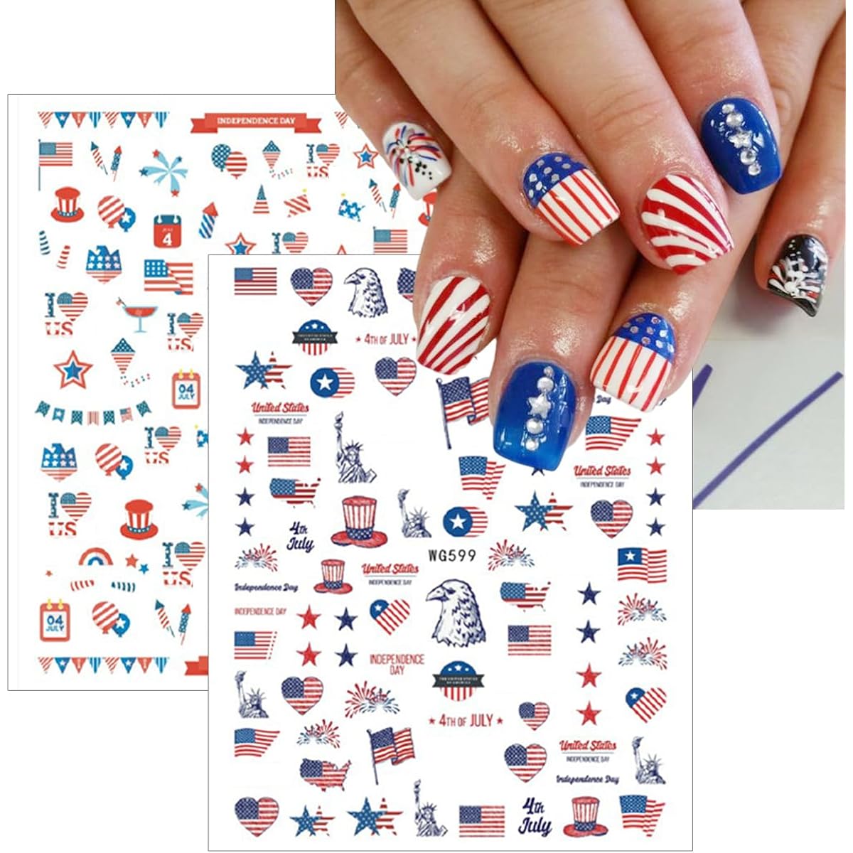 10Pcs 4th of July Nail Stickers Patriotic Nail Decals Independence Day Nail Art Stickers American Flag Stars Eagle Fireworks Heart Nail Design Supplies Memorial Day DIY Nail Decoration for Women Girls