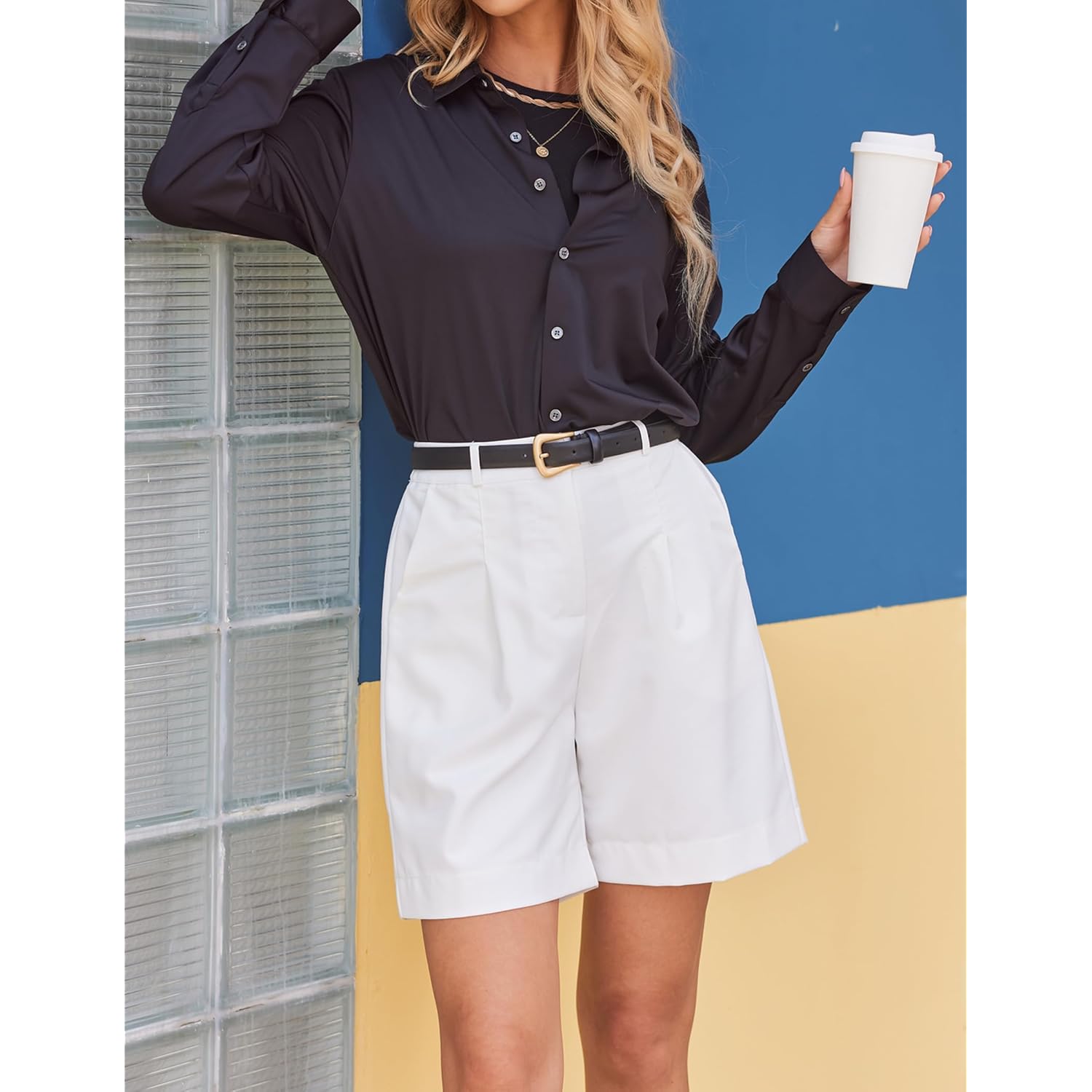 Bermuda Shorts for Women Summer Dressy Casual Elastic High Waisted Wide Leg Knee Length Shorts with Pockets