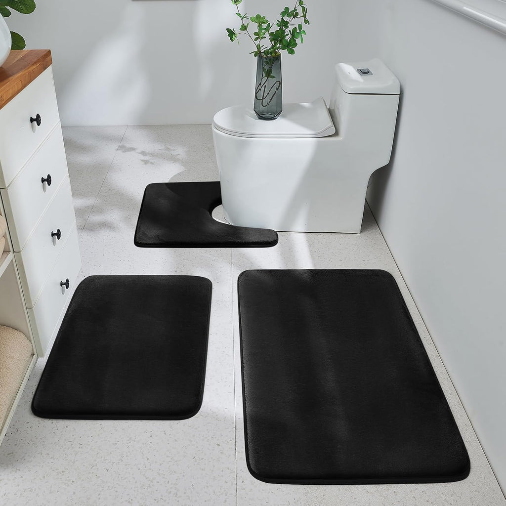 Bathroom Rugs Sets 3 Piece, Ultra Soft Velvet Memory Foam Bath Rugs, Non-Slip & Pvc Backing Bathroom Mat Set, Washable Quick Dry Bath Rug - Black