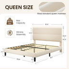 Queen Size Platform Bed Frame With Velvet Headboard, Adjustable Height Wooden Slats Support, Upholstered Mattress Foundation, Fits Mattress Or Mattress With Box Spring, Easy Assembly, Beige