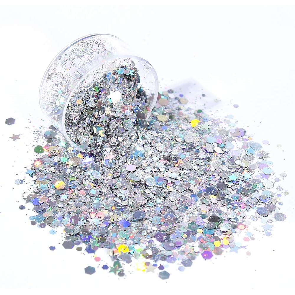 Holographic Chunky Glitter Sequins, 12 Colors Mixed Cosmetic Glitter For Face Body Eye Hair Nail Art Lip Gloss Makeup, Festival Glitter With Different Hexagons Size And Stars (Laser Mix)