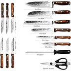 Kitchen Knife Set,15-Piece Knife Set With Block Wooden,Self Sharpening For Chef Knife Set,High Carbon Japan Stainless Steel Hammered Collection Knife Block Set With Steak Knives, Boxed Knife Set