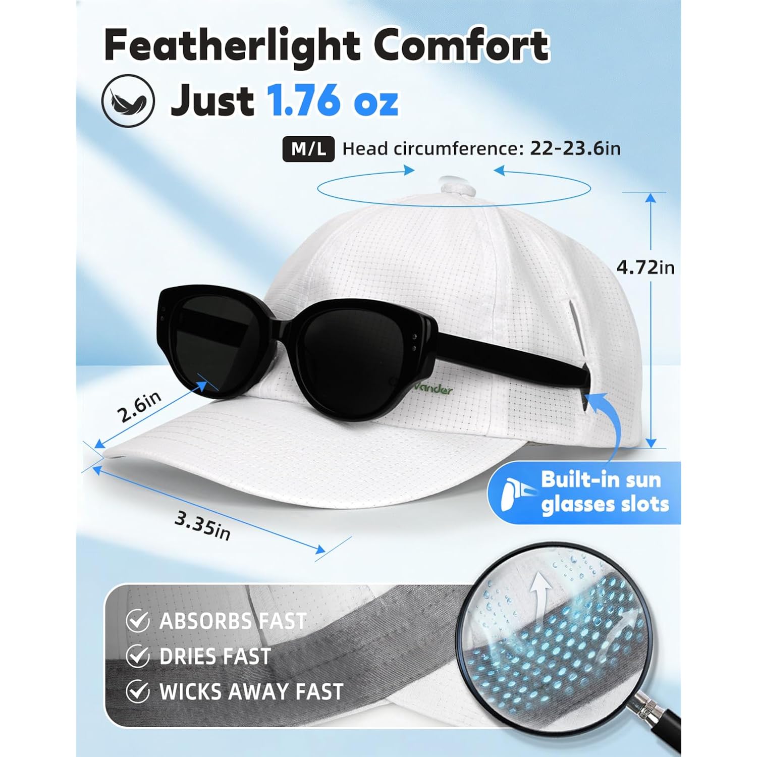 Lightweight Golf Hat for Women Men, UPF 80+ Sun Protection Cap, Breathable Quick-Dry Baseball Cap for Running Sport White