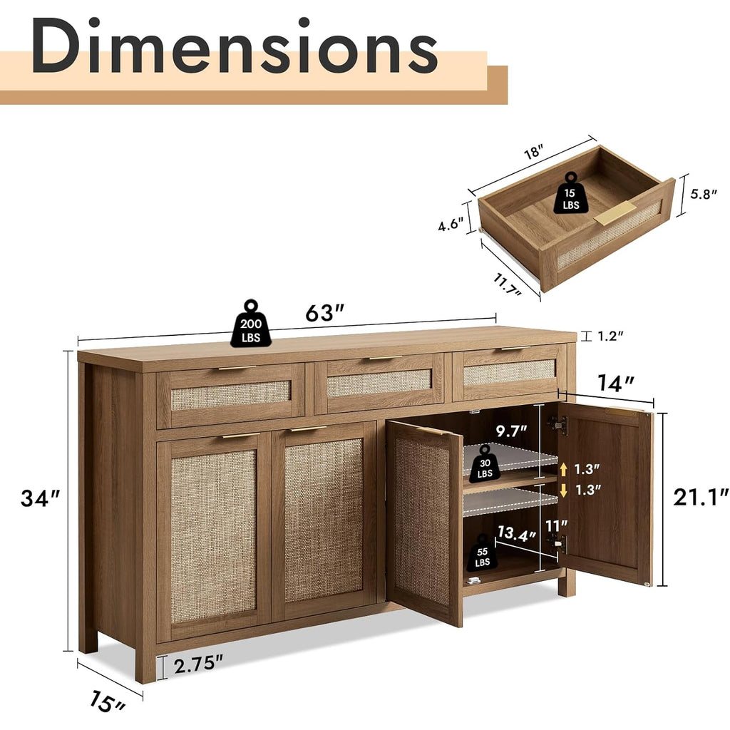 63" Rattan Sideboard Buffet Cabinet, Boho Storage Cabinet With Adjustable Shelves, Farmhouse Credenza Coffee Bar Cabinets With 4 Doors & 3 Drawers For Living Room, Hallway & Kitchen