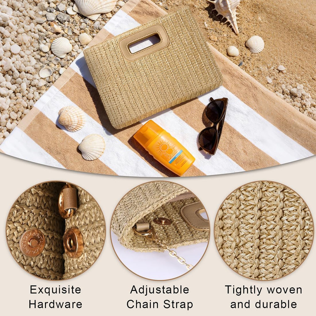Beach Clutch Bag Straw Summer Clutch Purses for Women Handmade Woven Purse Detachable Gold Chain, Crossbody