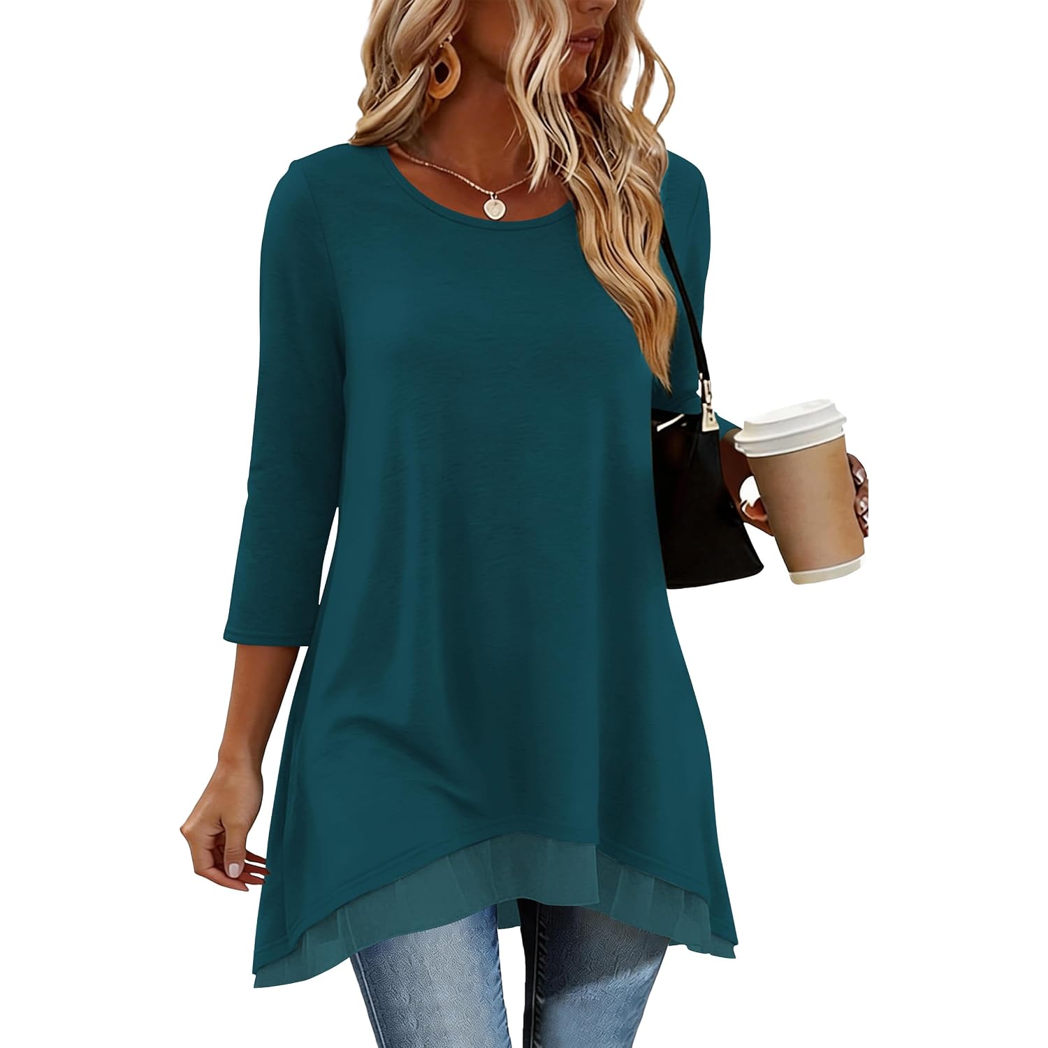 Womens 3/4 Sleeve Tunic Tops to Wear with Leggings Layered Chiffon Hem Casual Long Shirts with Pockets