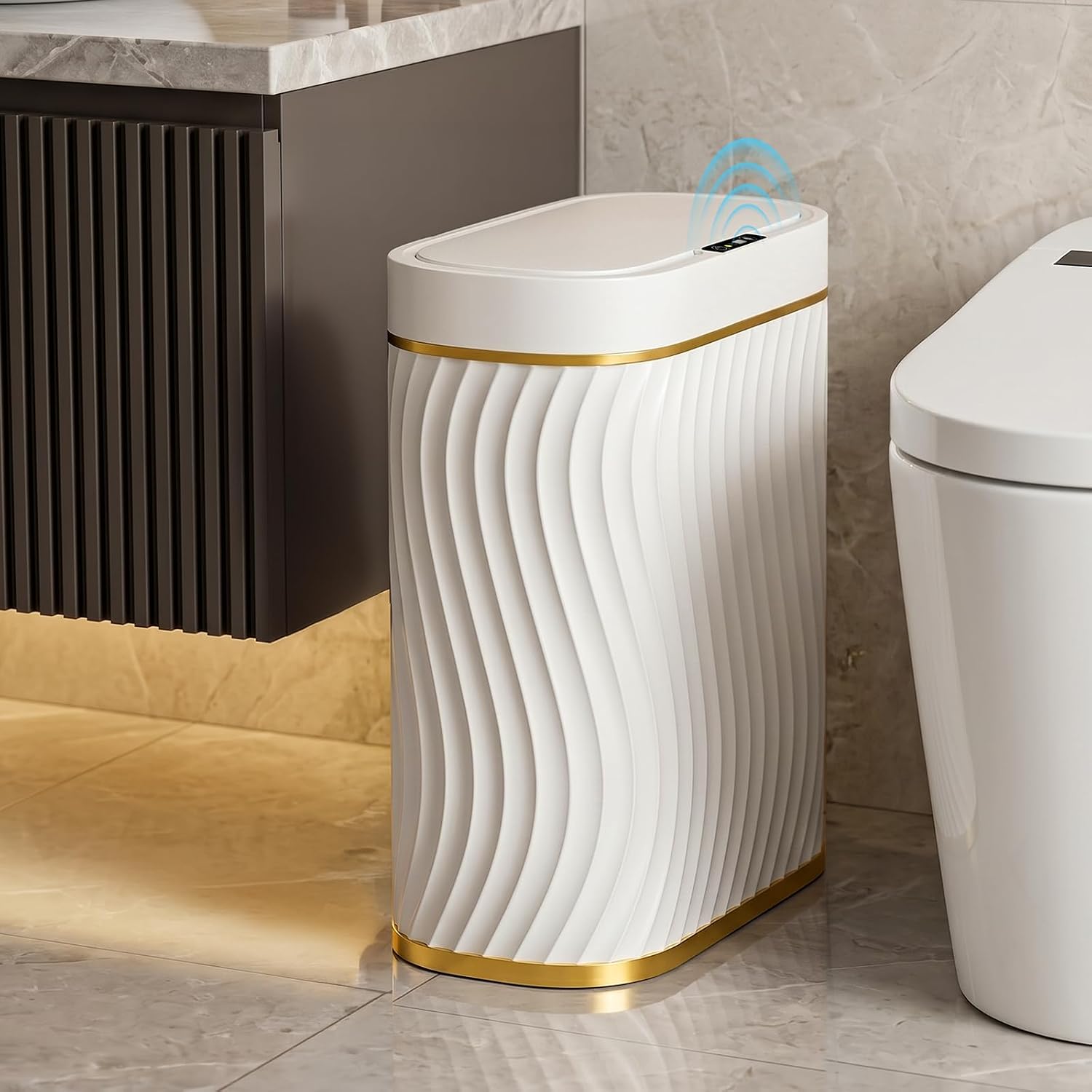 2.6 Gallon Automatic Bathroom Trash Can With Touchless Lid, White Gold | Motion Sensor Trash Can With Slim Waterproof Body; Small Plastic Garbage Can, Hands-Free Lid For Bedroom, Office, And Kitchen