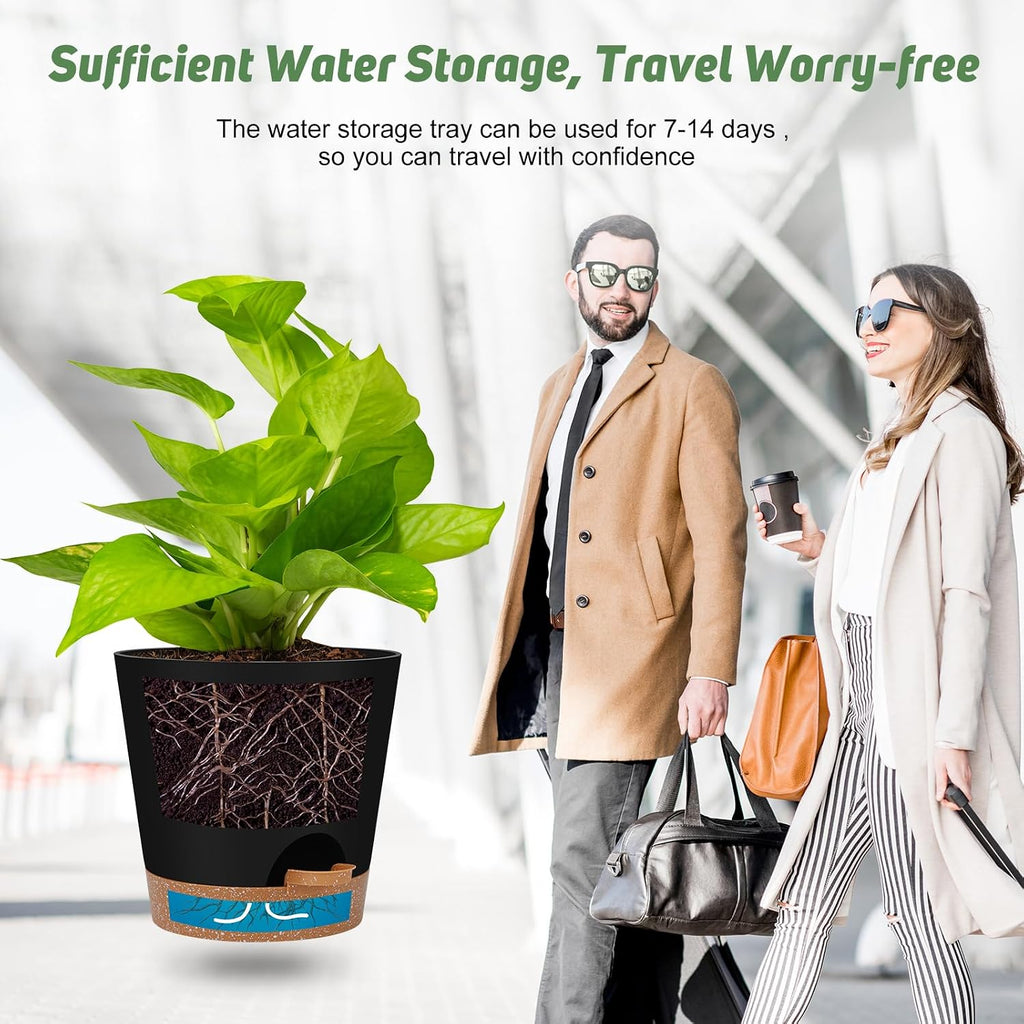 Ynnico Indoor Self Watering Planters With Drainage Holes And Saucers, 8, 7, 6.5, 6, 5.5, 5 Inches, Black, 6 Pots