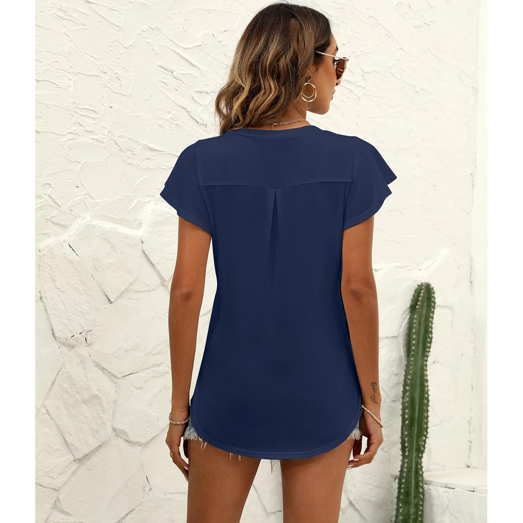 Women'S Summer Tops Ruffle Sleeve V Neck Tunic Shirts Business Casual Flowy Blouses For Women