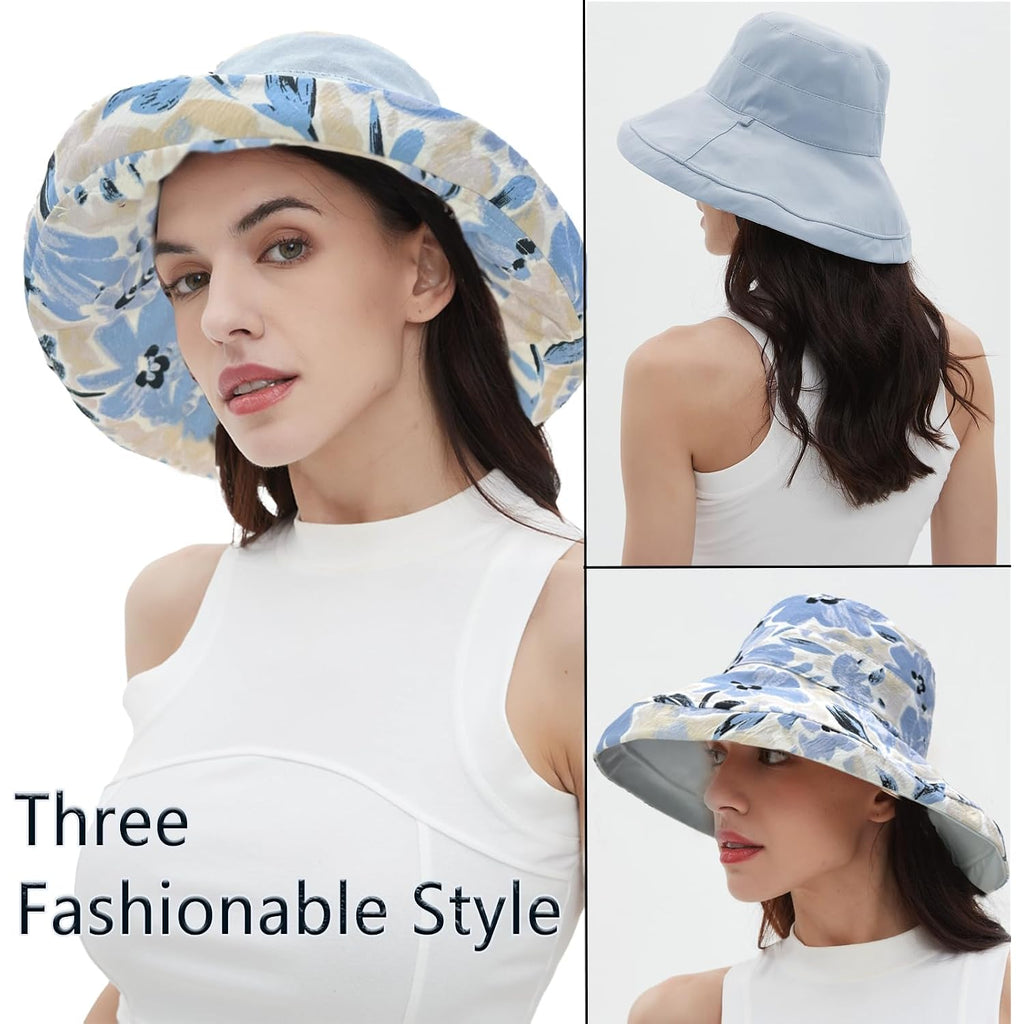 vidsel Womens Sun Hats Wide Brim Reversible Bucket Cotton Hat Packable Summer Travel Cap with Hat Clip,UV Protection Blue