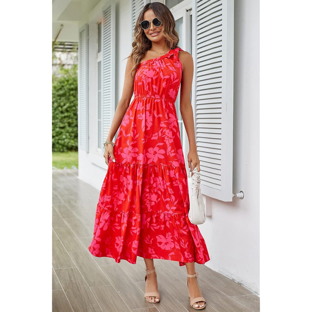 Prettygarden Women'S Summer Floral One Shoulder Maxi Dress Knot Ruffle Boho Beach Vacation Wedding Guest Long Sun Dresses
