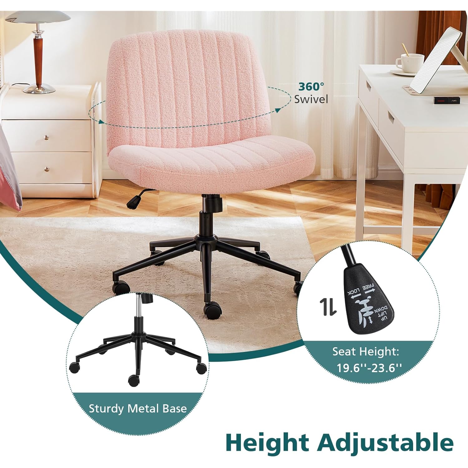 OLIXIS Criss Cross Chair with Wheels Wide Cross Legged Office Desk Vanity Chair Comfy Fabric Armless Adjustable Swivel for Home Computer Task Teddy Pink