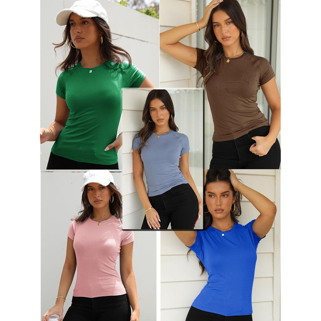 Abardsion Women Casual Raglan Sleeve Slim Fit T Shirts - 2026 Summer Crewneck Short Sleeve Basic Going Out Tops Workout