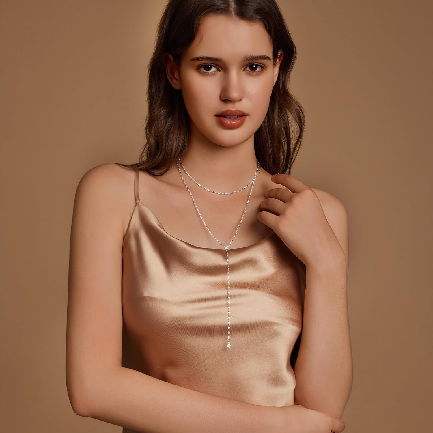 Airmb Lariat Silver/Gold Necklace for Women 925 Silver/14K Gold Plated Dainty Long Necklace Y-Shaped Drop Pendant Necklaces Choker Trendy Chain Simple Layered Necklaces CZ Jewelry for Women Set Gift