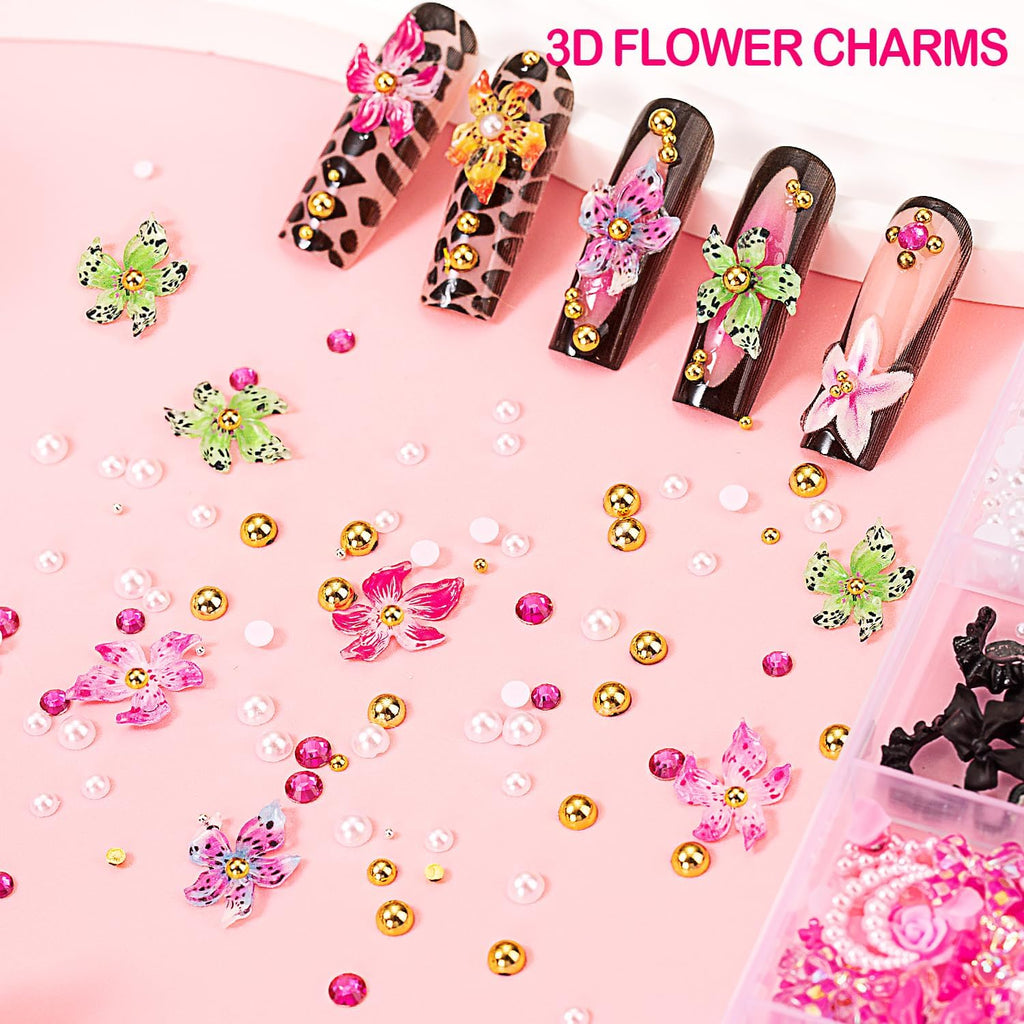 8000pcs 3D Nail Charms and Nail Gems, Cute Nail Rhinestones and Charms Y2K for Nails Nesign, Variety Butterfly Bow Moon Star Flower Junk Case Charms Gold Pearls Nail Jewels for Nail Art Decorations