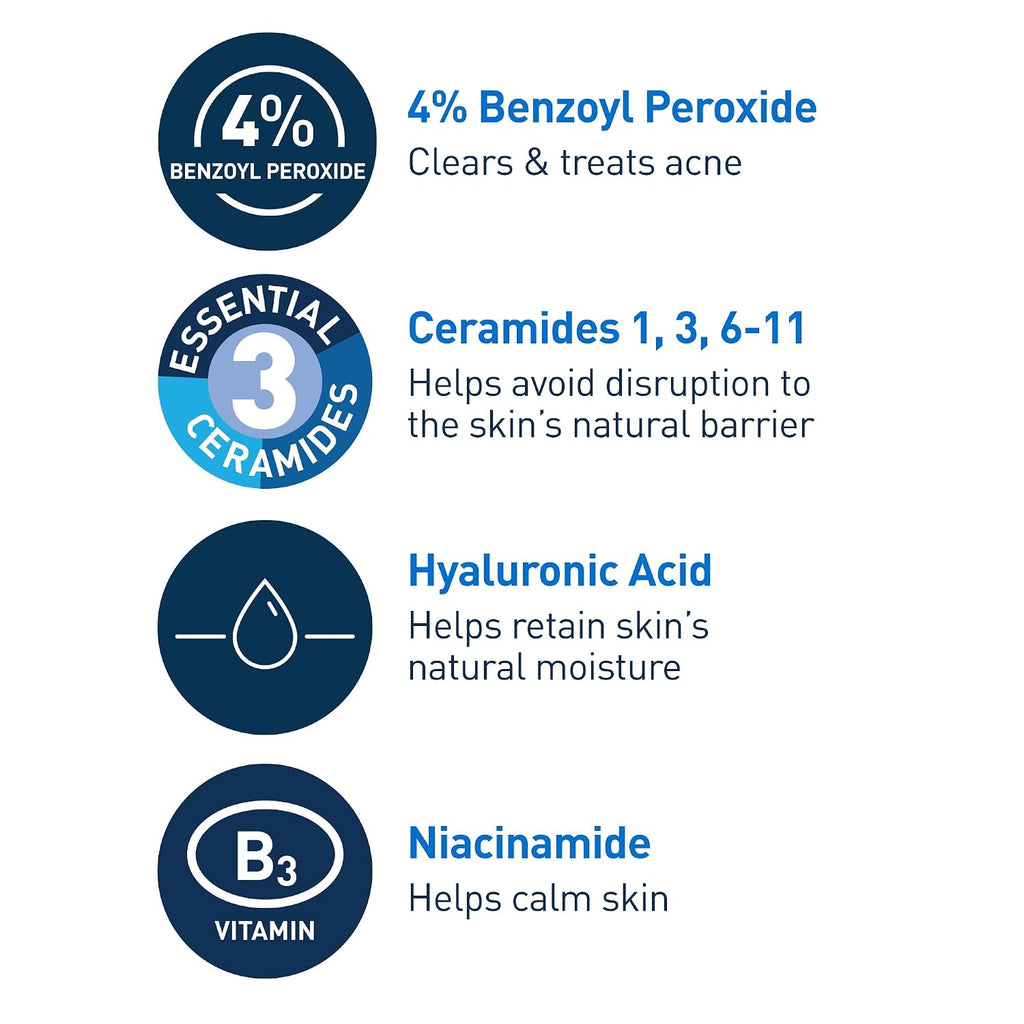 Cerave Acne Foaming Cream Cleanser, 4% Benzoyl Peroxide Face Wash With Hyaluronic Acid, Niacinamide & Ceramides, Gentle Daily Acne Treatment For Face