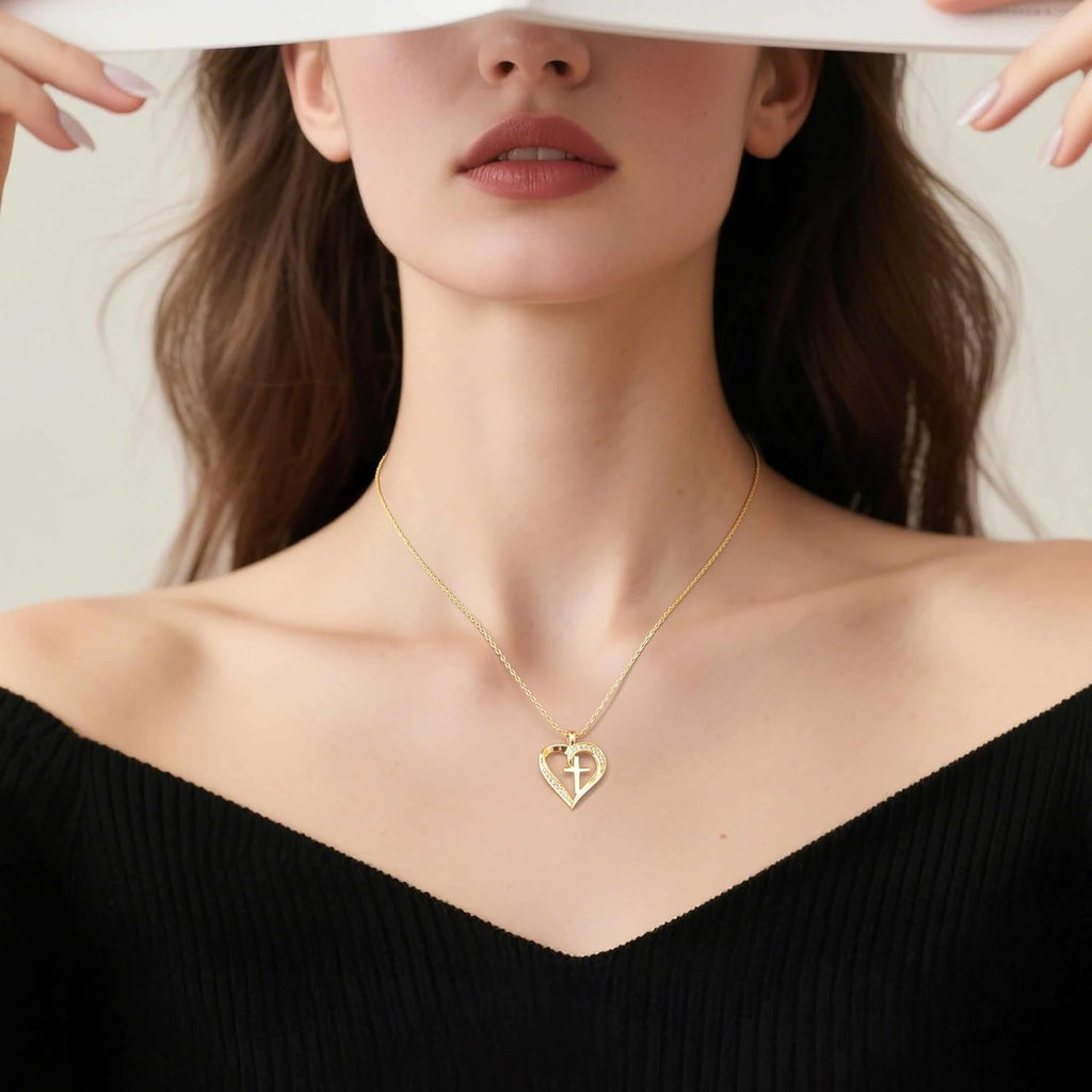 Cross Necklace for Women 14K Gold Cross Necklaces for Women Gold Heart Necklaces for Womens Crosses Chain Pendant Combine Classic Elements of Romantic and Faith Chain Crosses Heart Necklace for Womens 17.7+1.7in