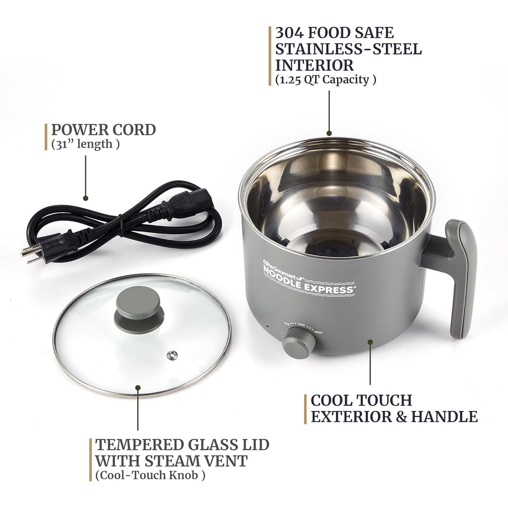 Elite Gourmet NOODLE EXPRESS™ Hot Pot, Prepare Ramen, Rice, Soups, Stews, Boil Water, Stainless-Steel Interior, Glass Lid, High/Low/Off Settings, Grey