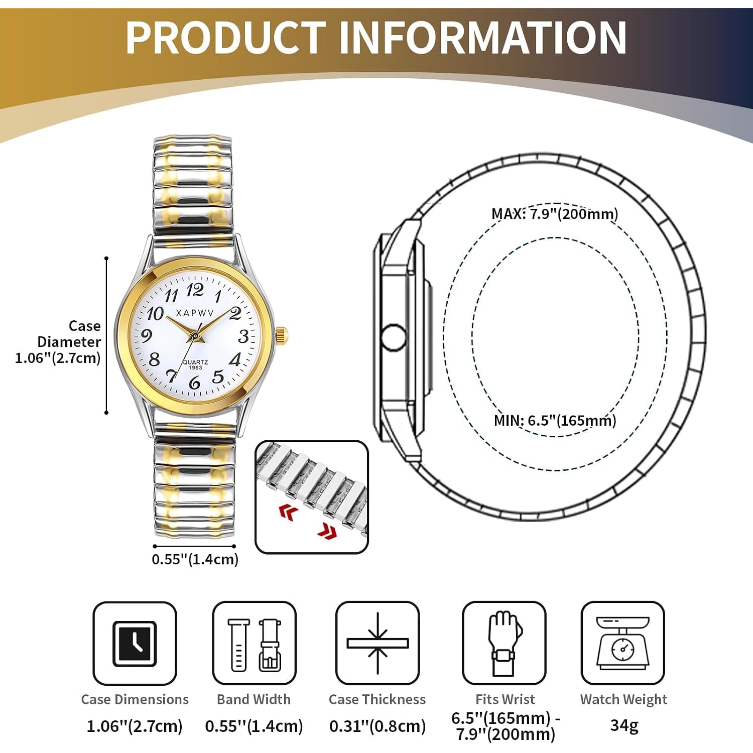Jewelrywe Women'S Ultra Thin Easy Reader Watch With Elastic Strap Golden/Silver Tone Stretch Band Watches For Daily And Office