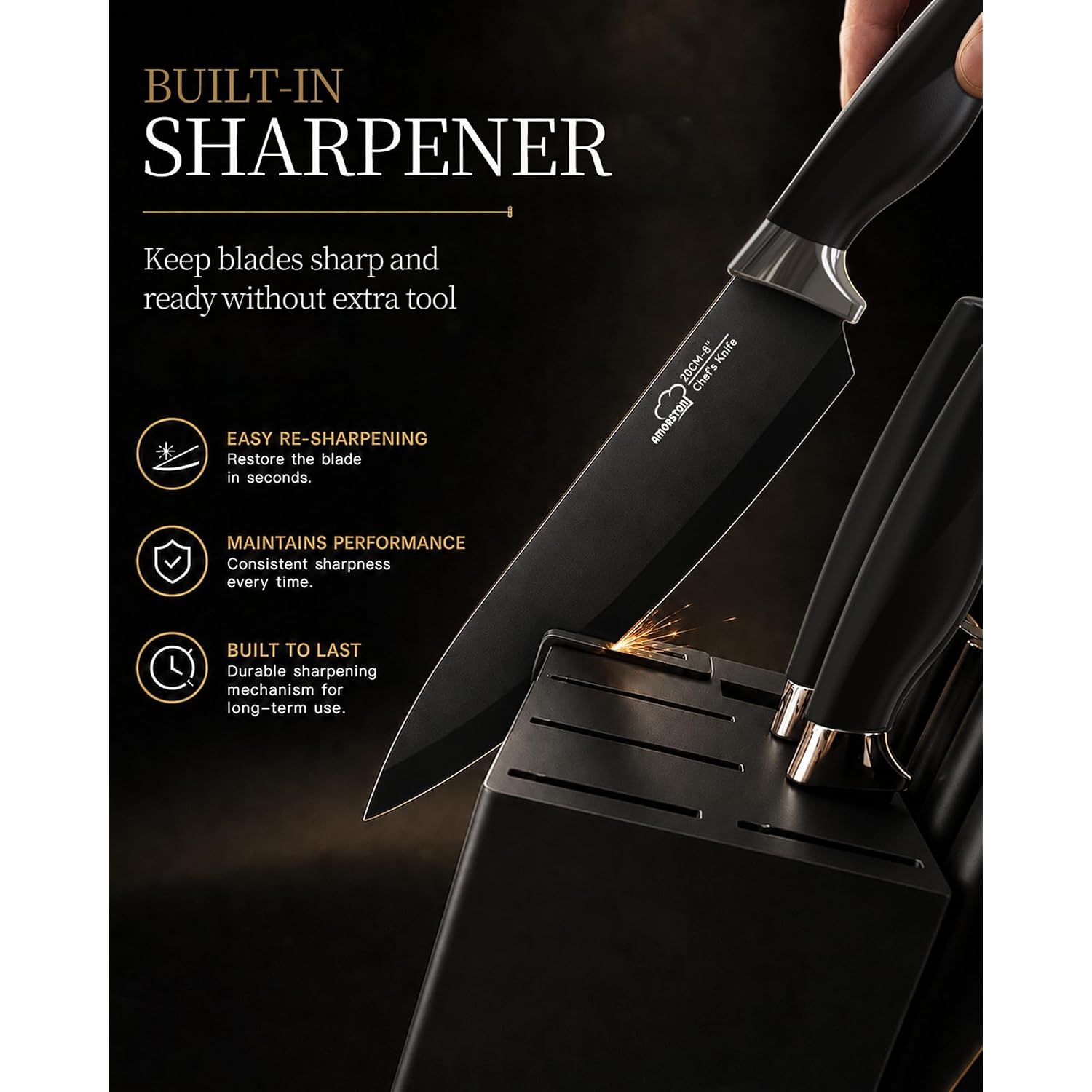 Knife Set, 15 Piece Kitchen Knife Set With Block And Built In Sharpener, German Stainless Steel Dishwasher Safe Knife Block Set, Black Kitchen Knives Set For Home Cooking