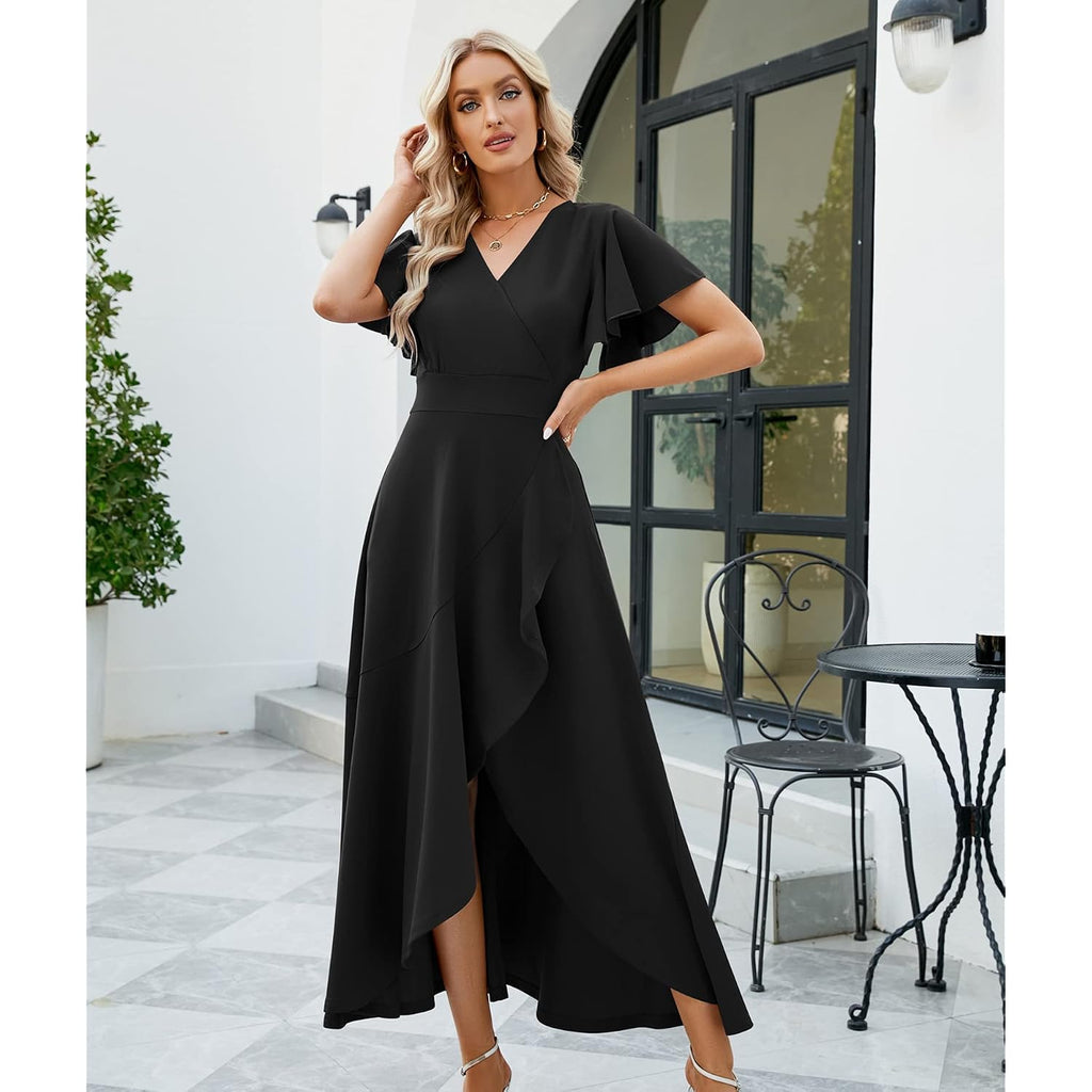 Long Black Formal Dresses For Women Gowns Evening Party Cocktail Dress,Split Elegant V Neck Wrap Ruffle Wedding Guest Dresses