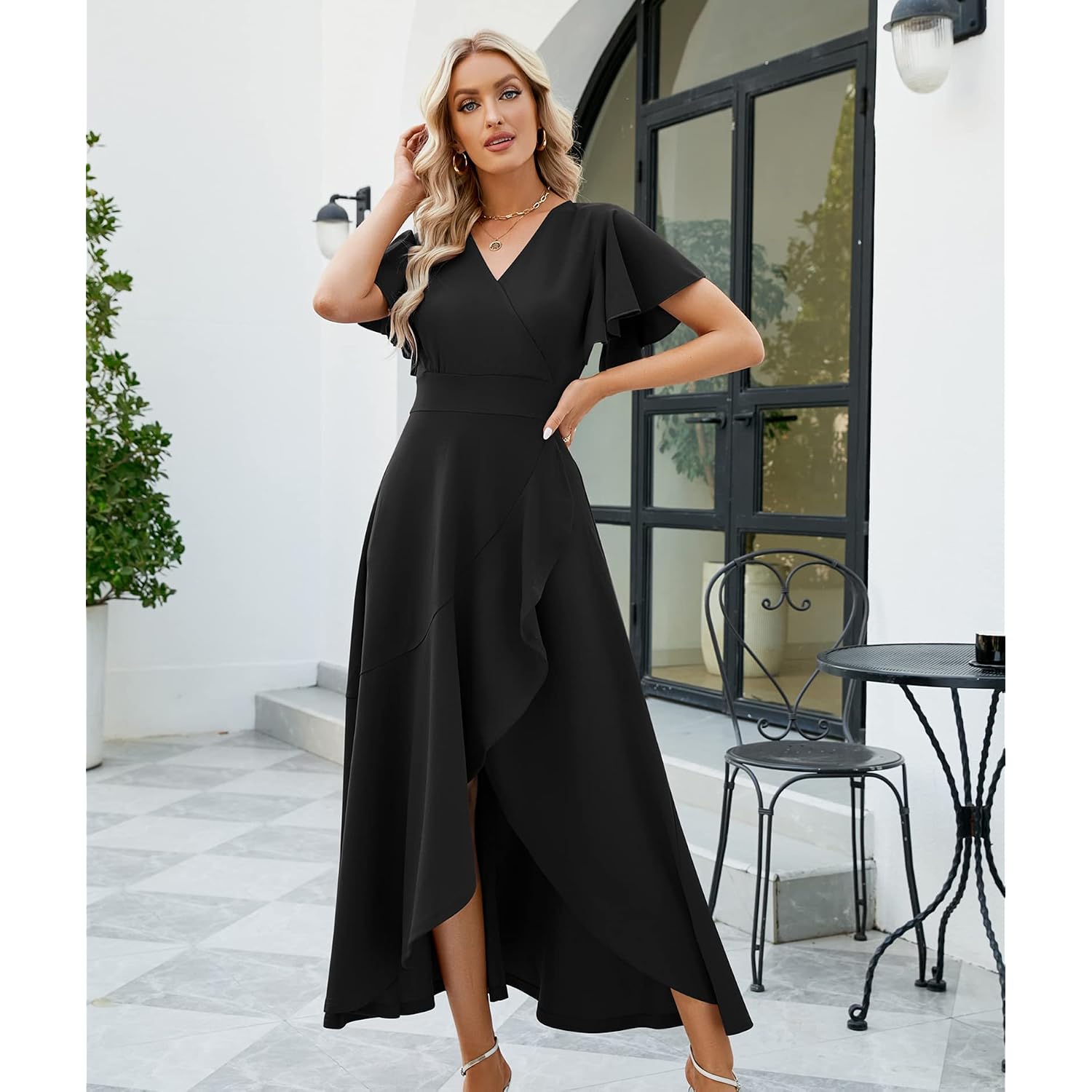 Long Black Formal Dresses For Women Gowns Evening Party Cocktail Dress,Split Elegant V Neck Wrap Ruffle Wedding Guest Dresses