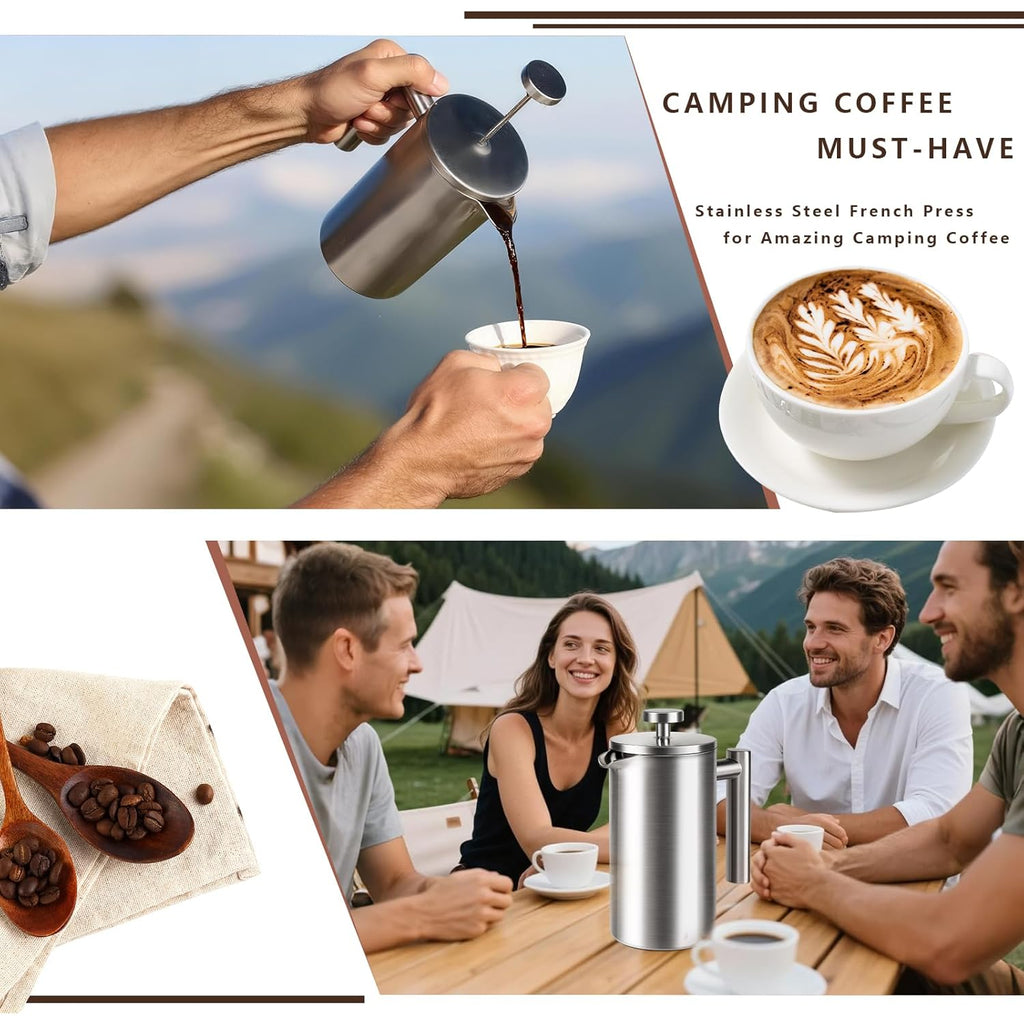 French Press 34 oz, Full Stainless Steel French Press Coffee Maker 4 Cups, Upgrated Double-Walled Insulated French Coffee Presses, Food Grade Good for Kitchen Camping, Dishwasher Safe 2 More Filters