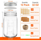 Wide Mouth Mason Jars 32 oz, 12 Pack Clear Glass Mason Jars with Airtight Lids and Bands, Quart Canning Jars for Preserving, Canning, Meal Prep, Pickling